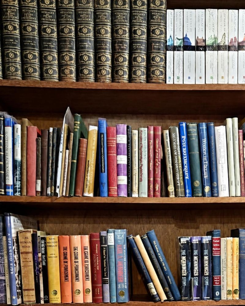 Shelves of varied books in a private home library.